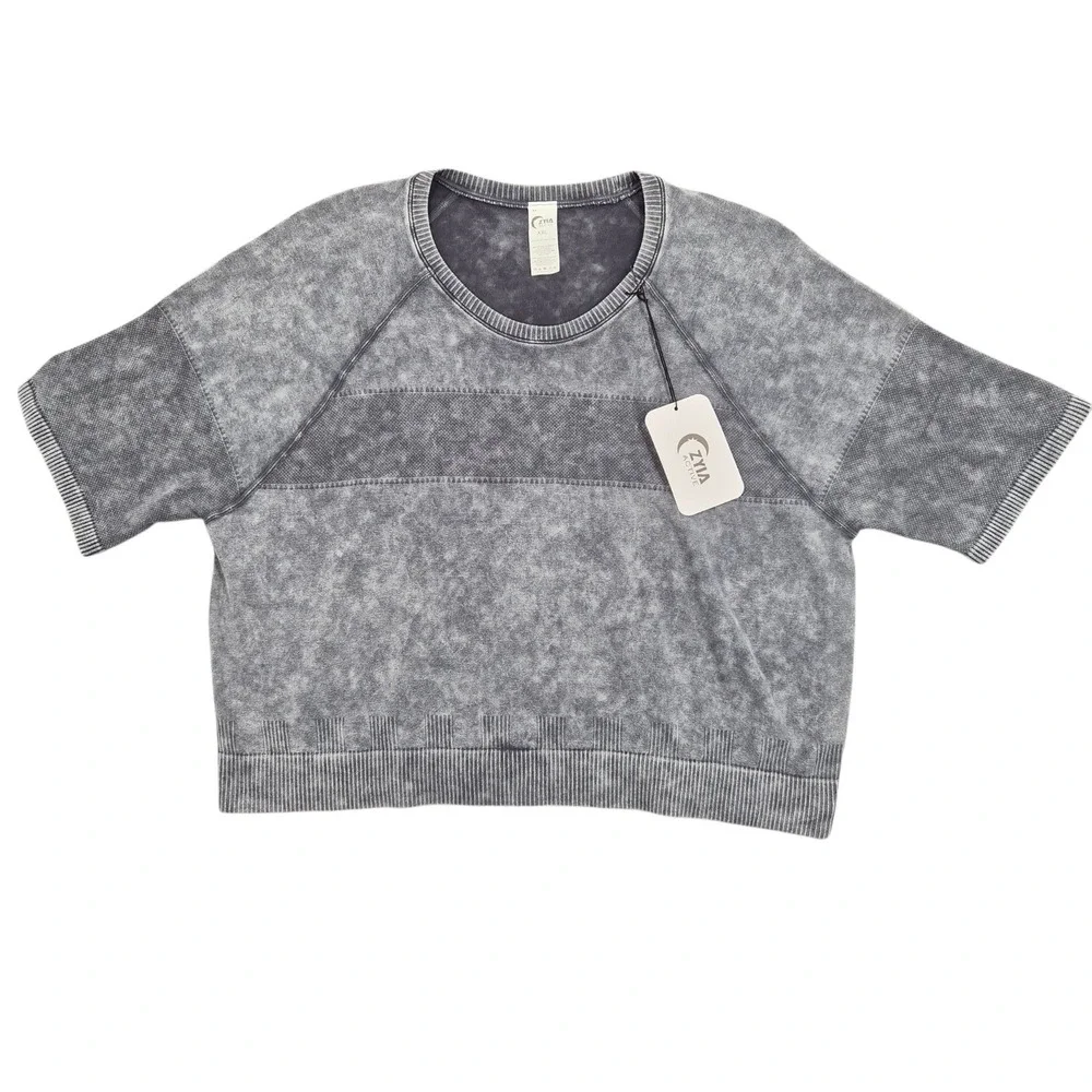 Zyia Active Gray Acid Wash Seamless Cropped Short‎ Sleeve Sweatshirt XXL NEW